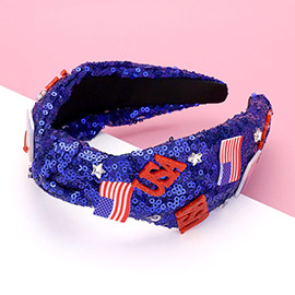 American USA Flag Resin USA Embellished Sequin Knot Headband 