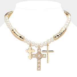 Textured Metal Bar Pointed Triple Cross Pendant Pearl Necklace