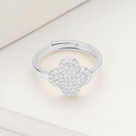 White Gold Dipped CZ Stone Paved Quatrefoil Adjustable Ring