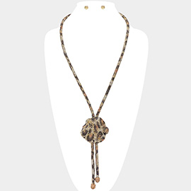 Bling Studded Leopard Pattern Pendant Pointed Evening Long Bolo Tie Necklace