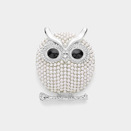Pearl Paved Owl Pin Brooch