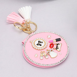 Enamel Pearl Bow Shoes Lipstick Charm Embellished Faux Leather Tassel Compact Mirror / Keychain