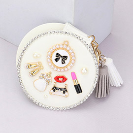 Enamel Pearl Bow Shoes Lipstick Charm Embellished Faux Leather Tassel Compact Mirror / Keychain