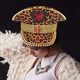 Stone Embellished Heart Point Spiky Leopard Captain Hat