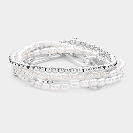 5PCS - Pearl Metal Ball Stretch Paper Clip Chain Multi Layered Bracelets