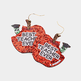 BEST TEACHER EVER Message Glittered Apple Dangle Earrings