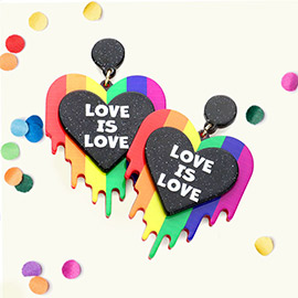 LOVE IS LOVE Message Resin Melting Rainbow Heart Dangle Earrings