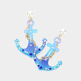 Stone Pearl Embellished Glittered Resin Anchor Dangle Earrings