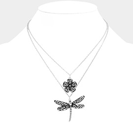 Antique Metal Flower Dragonfly Pendant Layered Necklace