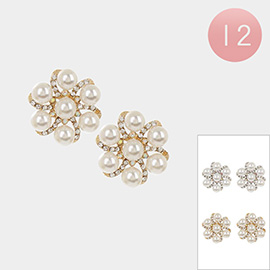 12Pairs - Pearl Flower Stud Earrings